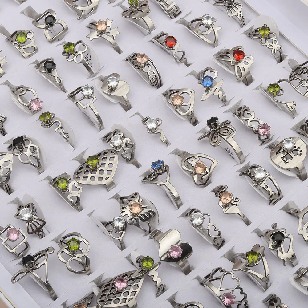 20 Pcs/Lot Flat Cut Pattern Mixed Colorful Zircon Stainless Steel Ring for Women's Wedding Jewelry Anniversary Gift