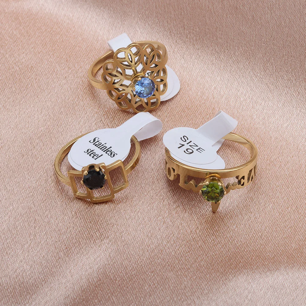 20 Pcs/Lot Flat Cut Pattern Mixed Colorful Zircon Stainless Steel Ring for Women's Wedding Jewelry Anniversary Gift