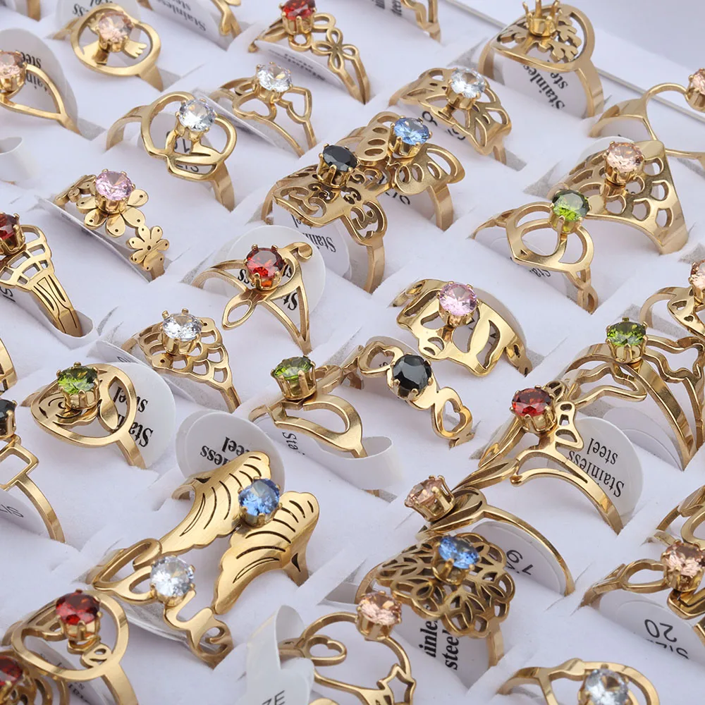 20 Pcs/Lot Flat Cut Pattern Mixed Colorful Zircon Stainless Steel Ring for Women's Wedding Jewelry Anniversary Gift