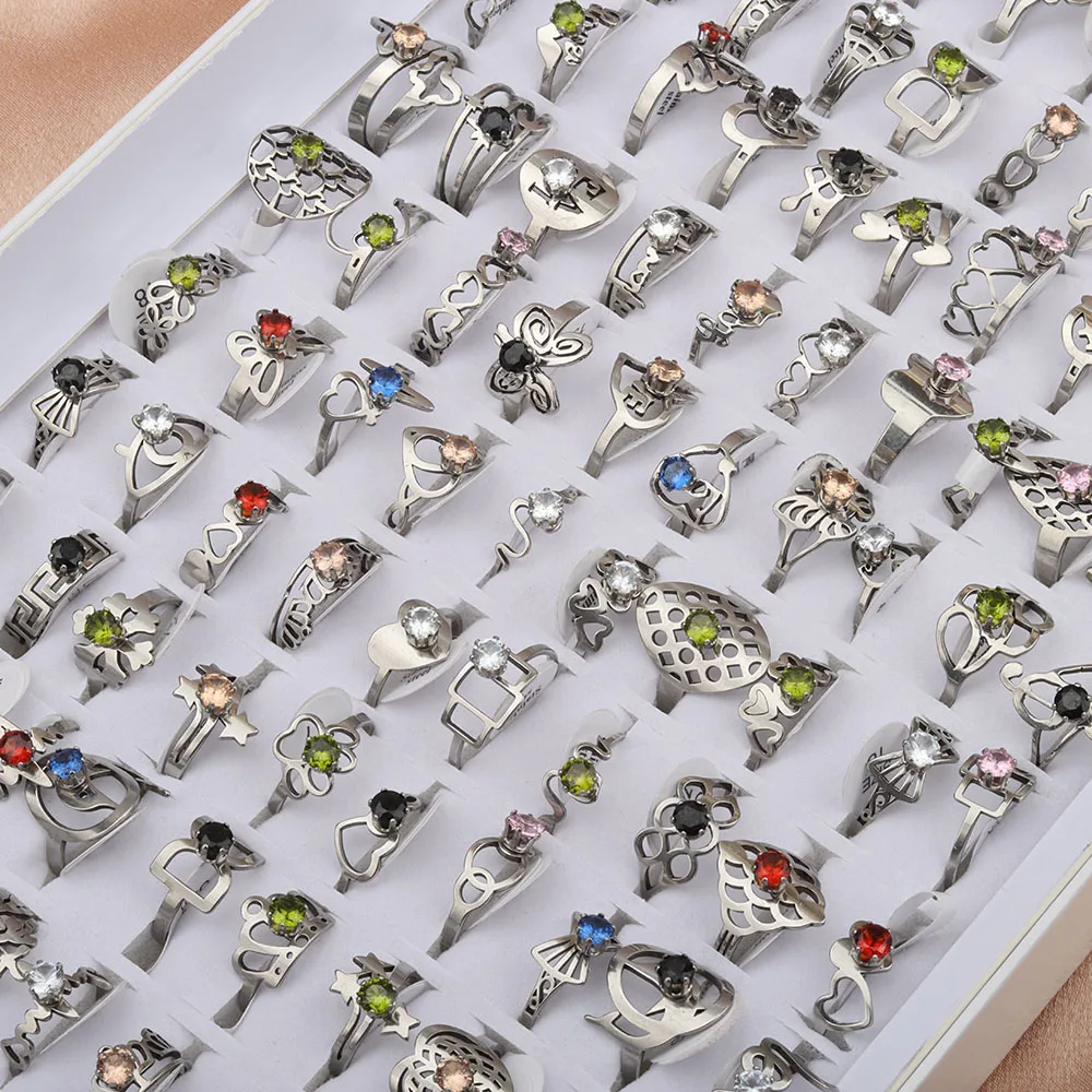 20 Pcs/Lot Flat Cut Pattern Mixed Colorful Zircon Stainless Steel Ring for Women's Wedding Jewelry Anniversary Gift