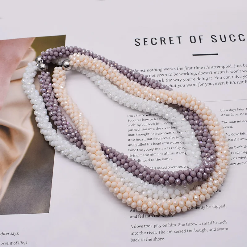 Trendy Woven Bead Necklace and Bracelet Set Elastic Handmade Strand Bracelets Glass Beads Necklace for Women Gift Hair Accessory