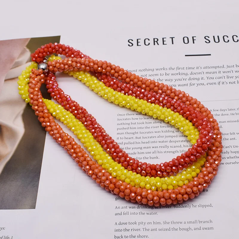Trendy Woven Bead Necklace and Bracelet Set Elastic Handmade Strand Bracelets Glass Beads Necklace for Women Gift Hair Accessory