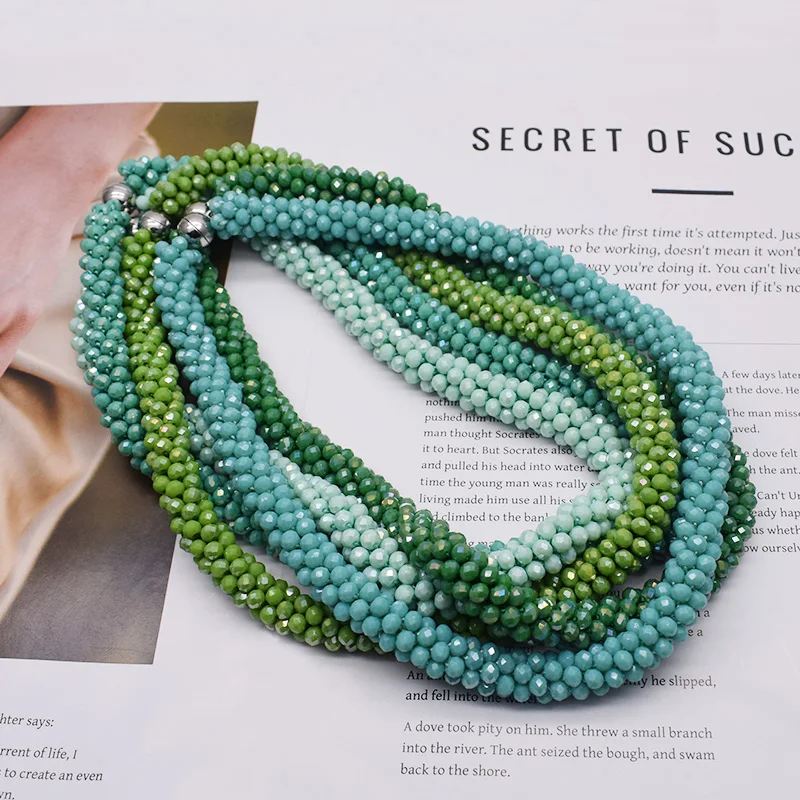 Trendy Woven Bead Necklace and Bracelet Set Elastic Handmade Strand Bracelets Glass Beads Necklace for Women Gift Hair Accessory