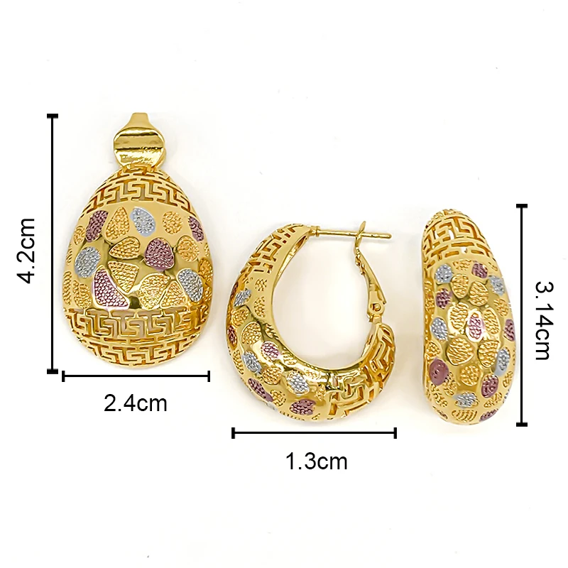 Original Textured Pendant with Chain Golden Necklace Hoop Earrings 2Pcs Jewelry Set for Women Dubai Bridal Wedding Party Gifts