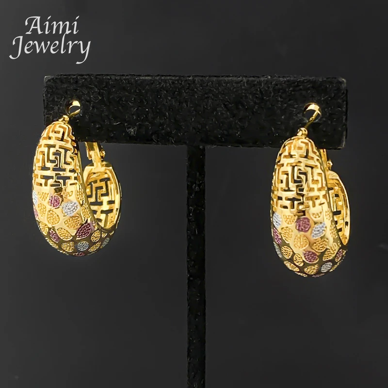 Original Textured Pendant with Chain Golden Necklace Hoop Earrings 2Pcs Jewelry Set for Women Dubai Bridal Wedding Party Gifts