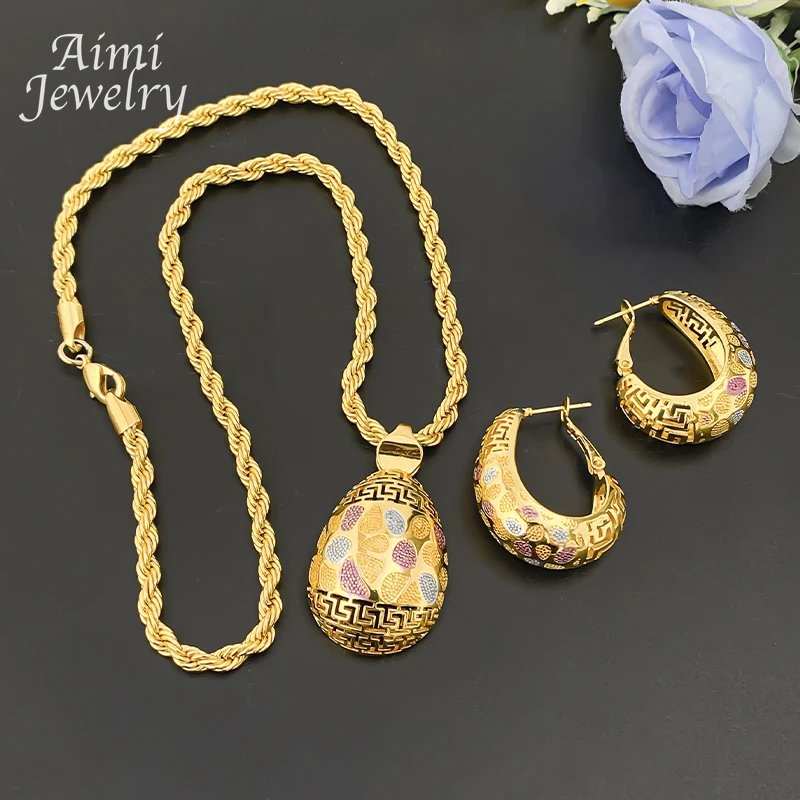 Original Textured Pendant with Chain Golden Necklace Hoop Earrings 2Pcs Jewelry Set for Women Dubai Bridal Wedding Party Gifts