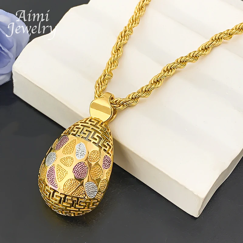 Original Textured Pendant with Chain Golden Necklace Hoop Earrings 2Pcs Jewelry Set for Women Dubai Bridal Wedding Party Gifts