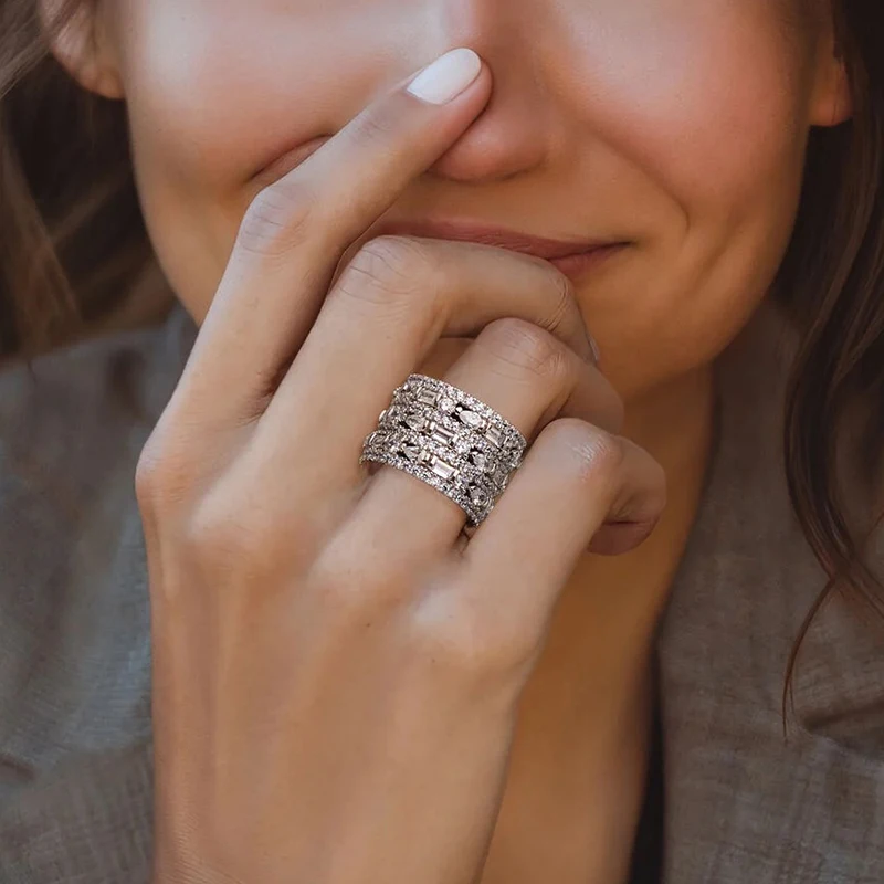 Huitan Modern Fashion Design Women Wide Rings with Geometric Cubic Zirconia Wedding Trendy Female Rings Jewelry Drop Shipping
