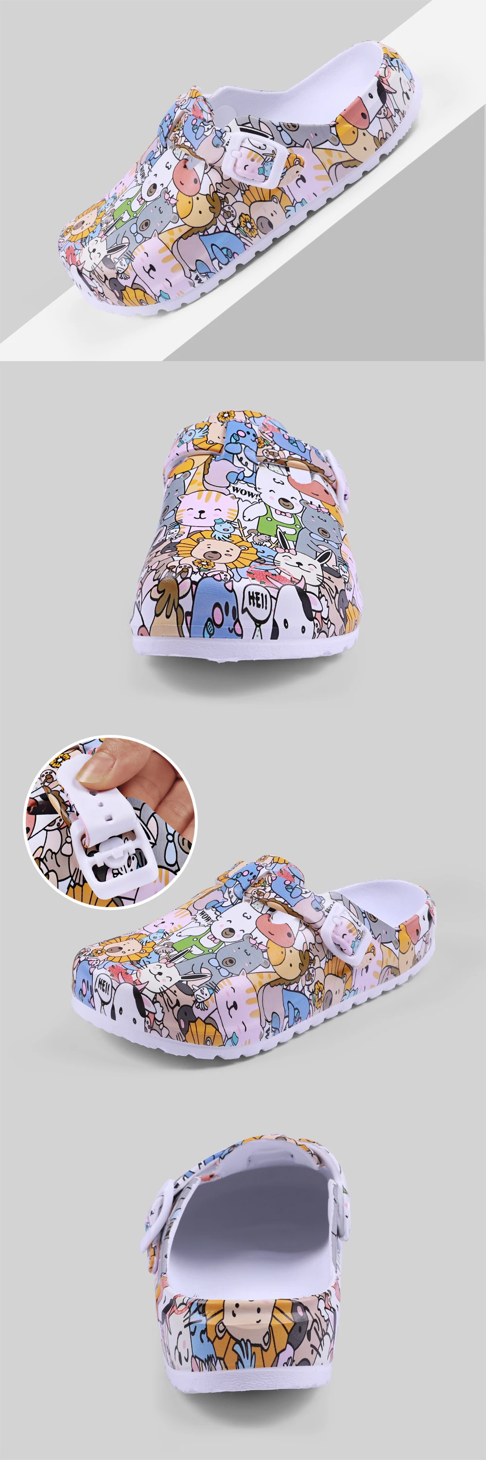 Women Flat Indoor Slippers Printing Soft EVA Soles Adjustable Strap Easy-On Nurse Shoes Comfortable Work Clog Shoes For Women