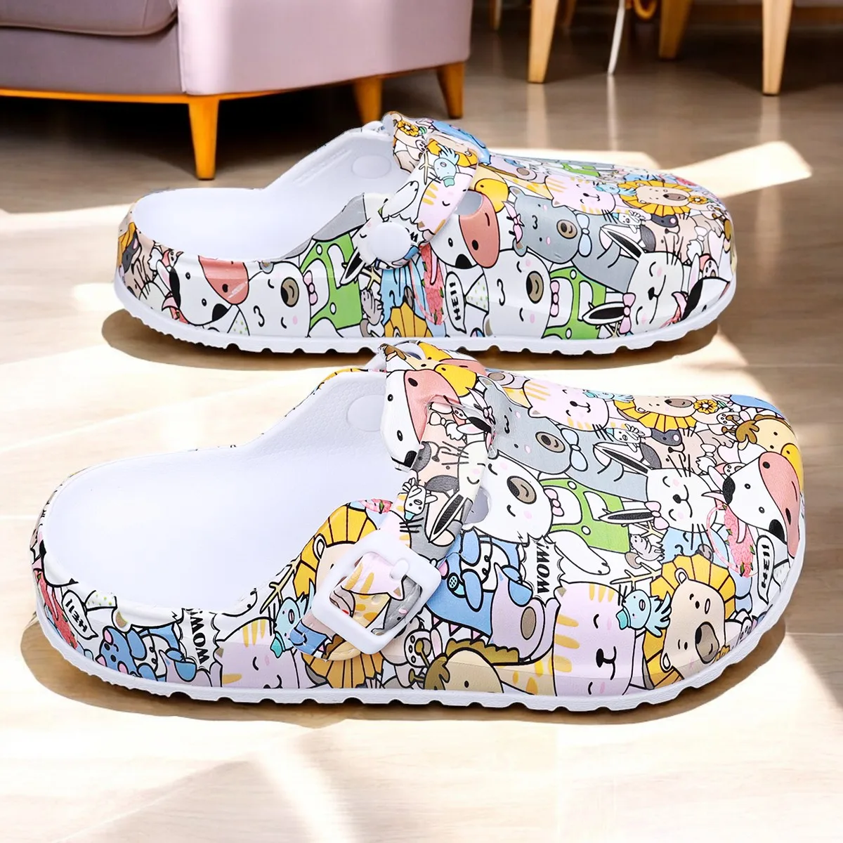 Women Flat Indoor Slippers Printing Soft EVA Soles Adjustable Strap Easy-On Nurse Shoes Comfortable Work Clog Shoes For Women