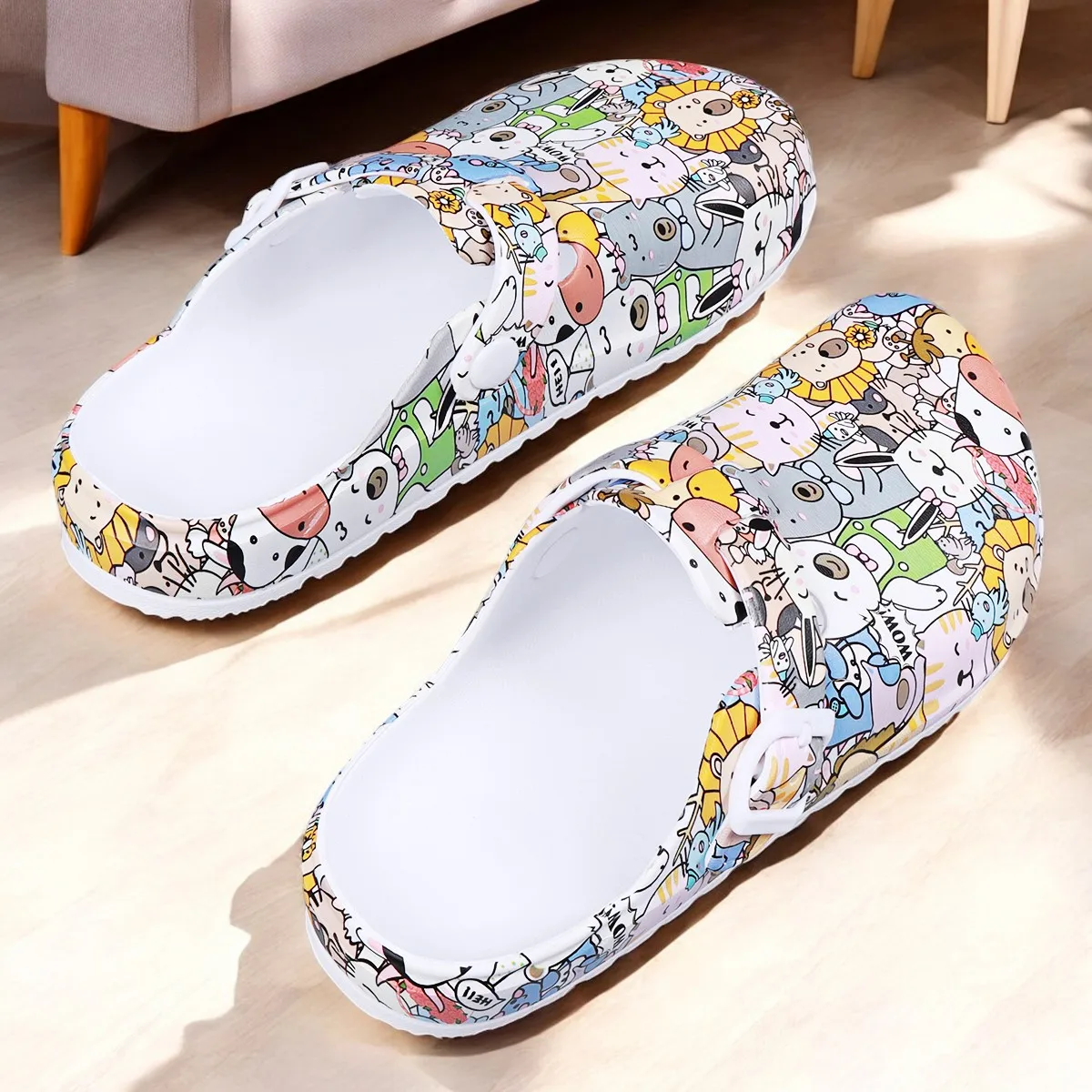 Women Flat Indoor Slippers Printing Soft EVA Soles Adjustable Strap Easy-On Nurse Shoes Comfortable Work Clog Shoes For Women