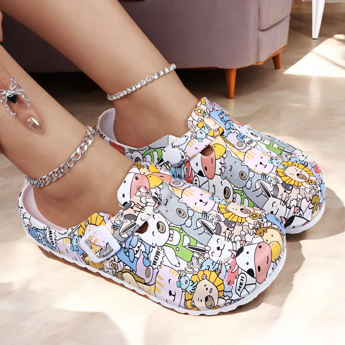 Women Flat Indoor Slippers Printing Soft EVA Soles Adjustable Strap Easy-On Nurse Shoes Comfortable Work Clog Shoes For Women