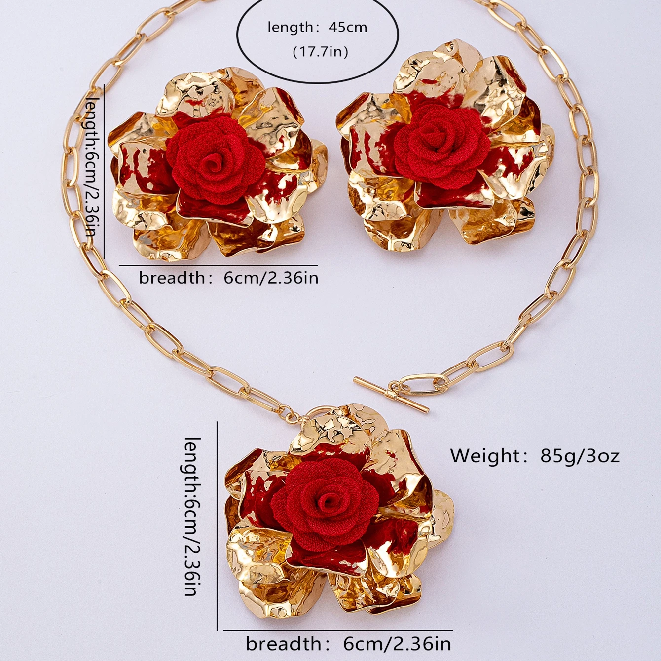 Women's Jewelry Set with Three-Dimensional Floral Fabric and Red Flower Centers, Exaggerated Jewelry Set Suitable for Daily Wear and Vacation