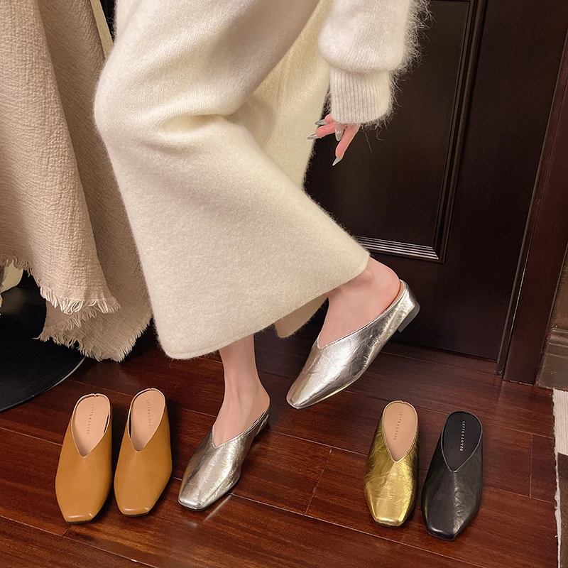 French Sandals Women's Outer Wear 2025 New Spring One-pedal Small Large Size Versatile Bag Head Half Slippers
