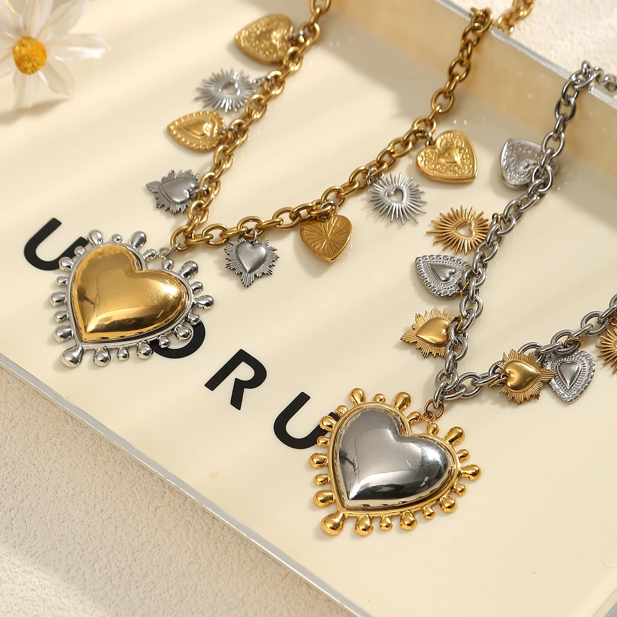 AURORA Trend Large Melting Heart Pendant Necklace For Women's Choker Necklaces Fashion Color Blocking Stainless Steel Jewelry