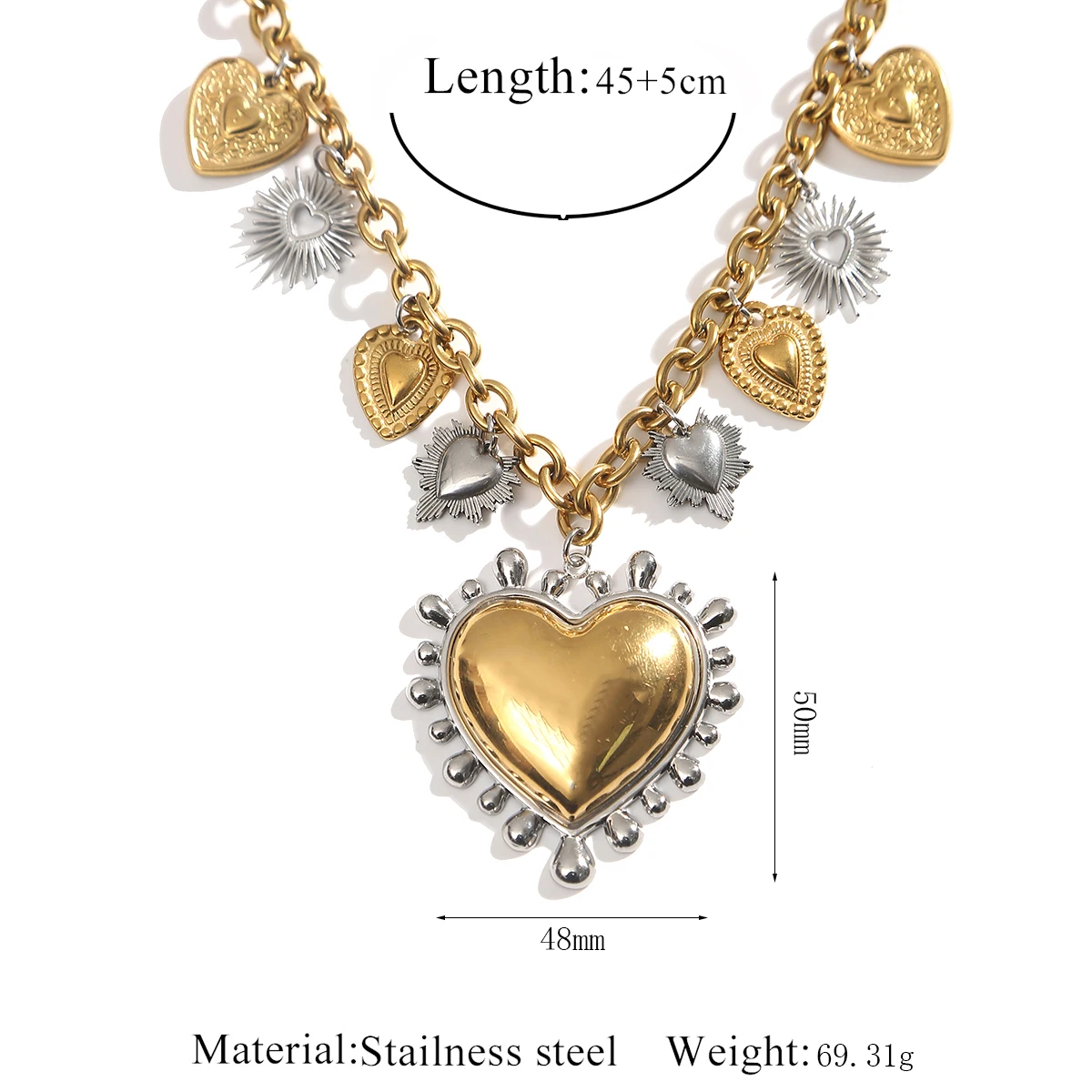 AURORA Trend Large Melting Heart Pendant Necklace For Women's Choker Necklaces Fashion Color Blocking Stainless Steel Jewelry
