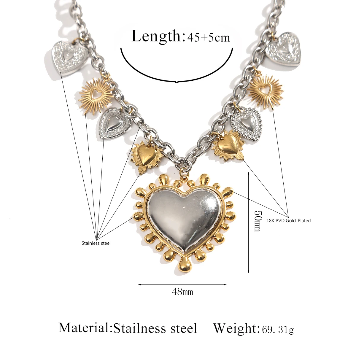 AURORA Trend Large Melting Heart Pendant Necklace For Women's Choker Necklaces Fashion Color Blocking Stainless Steel Jewelry
