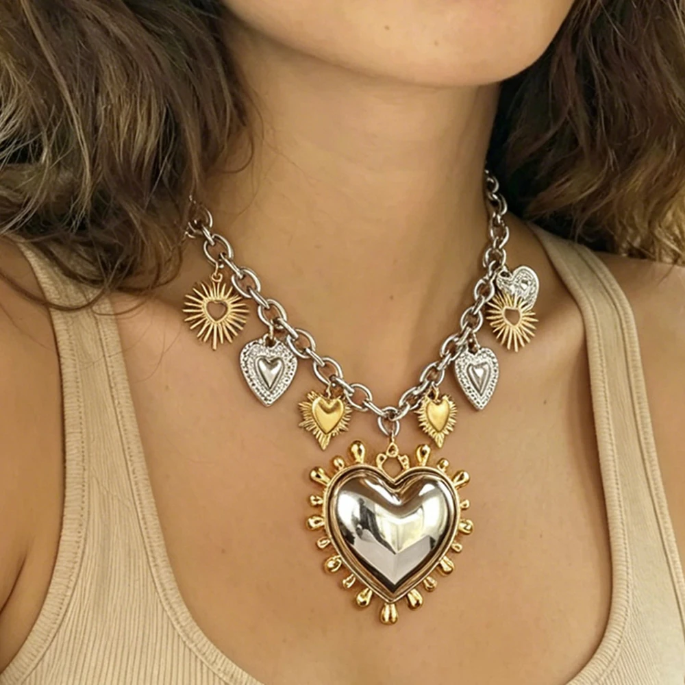 AURORA Trend Large Melting Heart Pendant Necklace For Women's Choker Necklaces Fashion Color Blocking Stainless Steel Jewelry