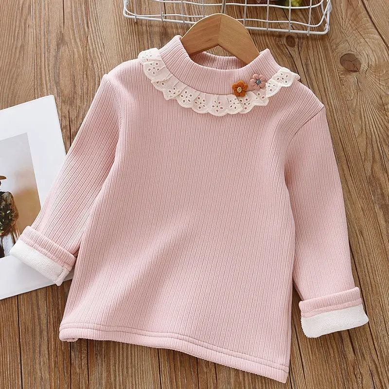 Girls' Winter Thermal Base Layer: Fleece-lined turtleneck with ruffle, jacquard knit—warm soft inner wear for older kids!
