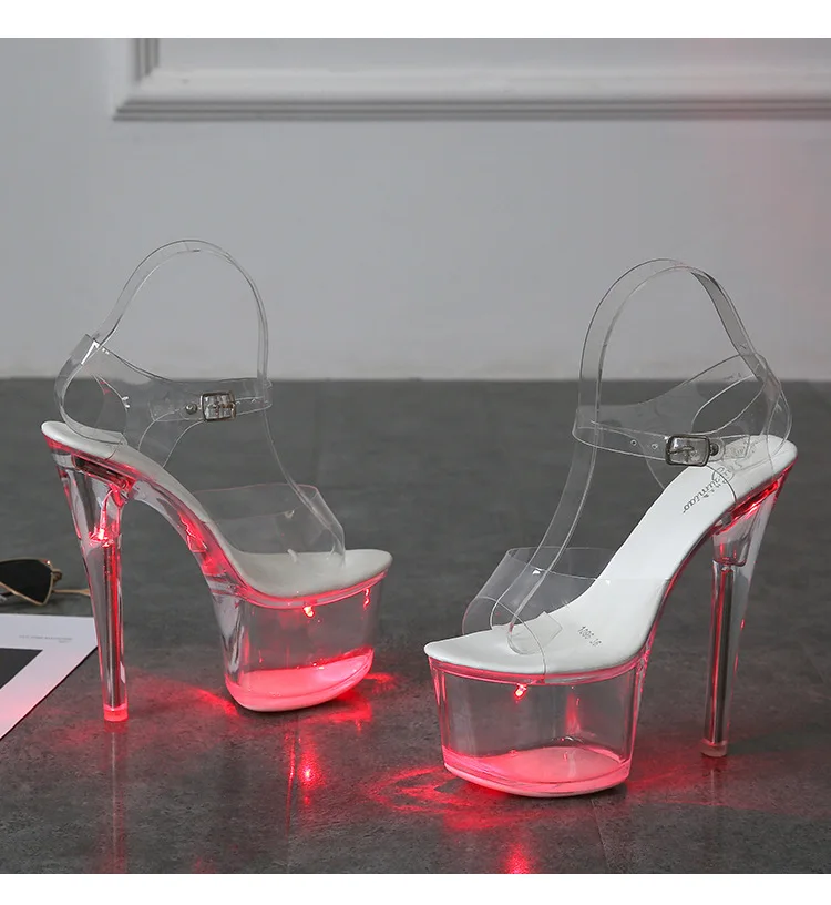 Women's 17cm High Heel Shoes (Size 34-43) - Transparent Glowing Sandals, Nightclub/Runway Pole Dance Shoes with Crystal Sole