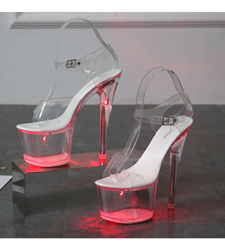Women's 17cm High Heel Shoes (Size 34-43) - Transparent Glowing Sandals, Nightclub/Runway Pole Dance Shoes with Crystal Sole