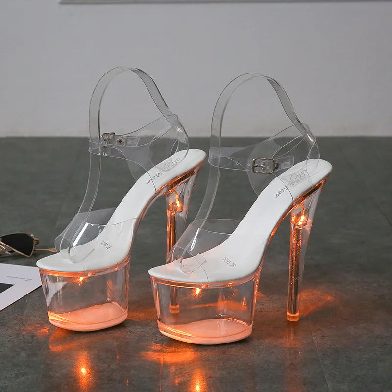 Women's 17cm High Heel Shoes (Size 34-43) - Transparent Glowing Sandals, Nightclub/Runway Pole Dance Shoes with Crystal Sole