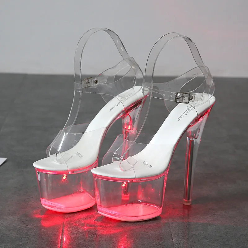 Women's 17cm High Heel Shoes (Size 34-43) - Transparent Glowing Sandals, Nightclub/Runway Pole Dance Shoes with Crystal Sole