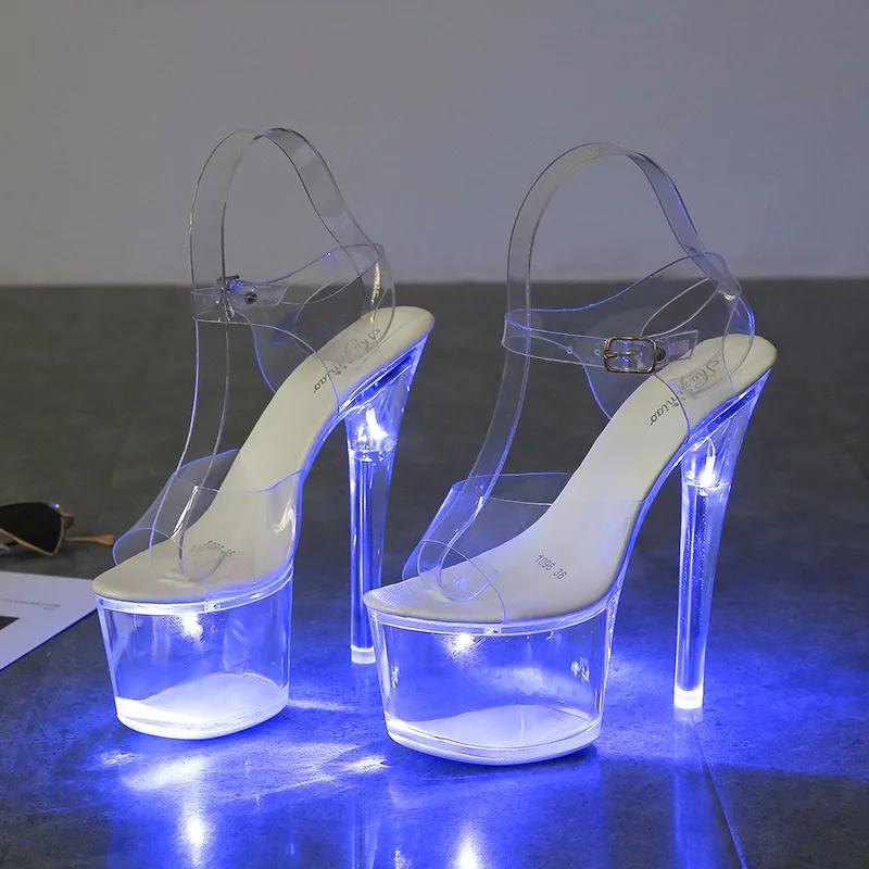 Women's 17cm High Heel Shoes (Size 34-43) - Transparent Glowing Sandals, Nightclub/Runway Pole Dance Shoes with Crystal Sole