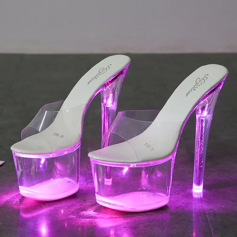 Women's 17cm High Heel Shoes (Size 34-43) - Transparent Glowing Sandals, Nightclub/Runway Pole Dance Shoes with Crystal Sole