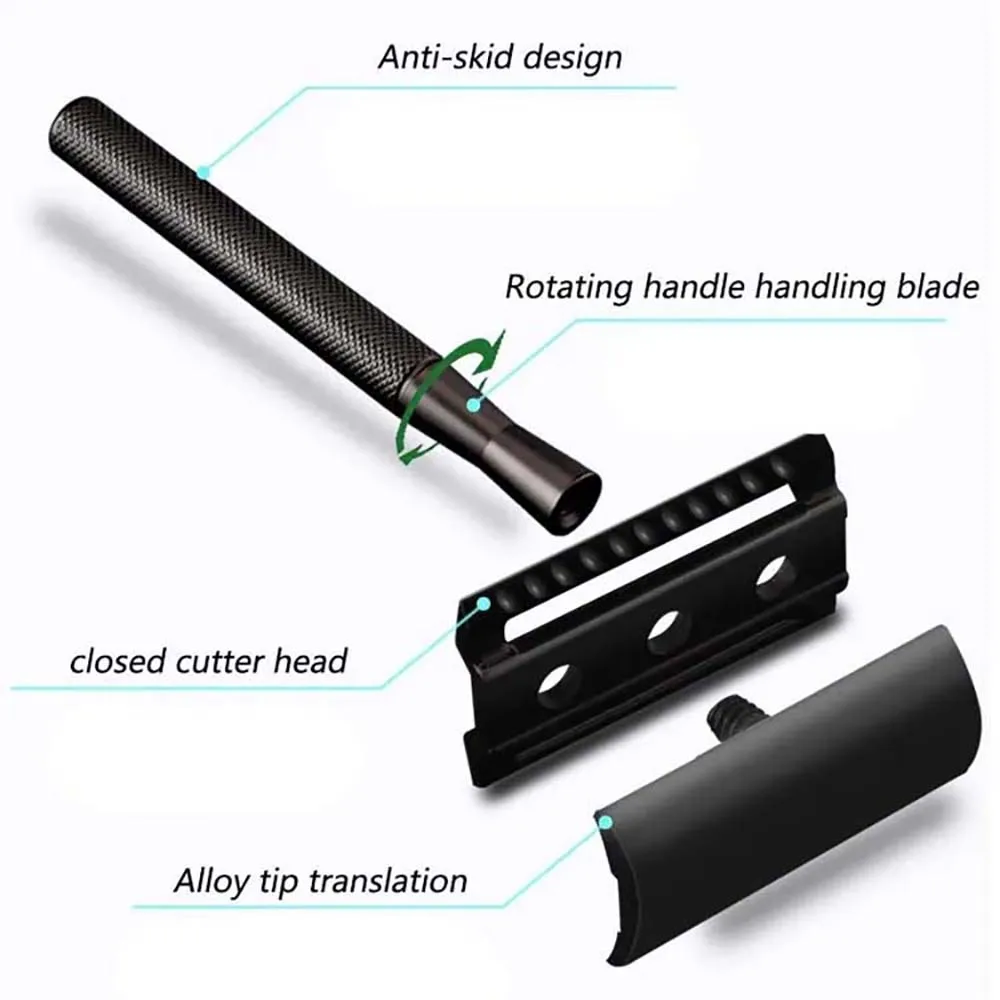 Metal Men's Manual Shaver Hand Razor with Blade Holder Metal Double Layer Blade Enclosed Cutter Head for Smooth Shaving