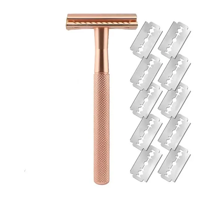 Metal Men's Manual Shaver Hand Razor with Blade Holder Metal Double Layer Blade Enclosed Cutter Head for Smooth Shaving