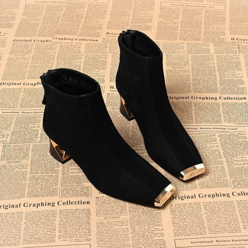 2025 New Women's Retro Square Toe Suede Ankle Boots - Metal Toe Back Zipper Chunky Heel Boots Design Autumn Winter