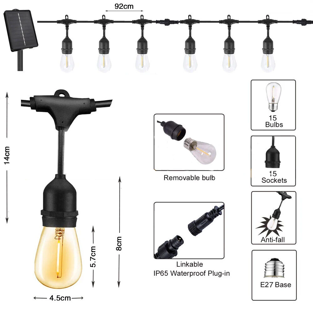 Solar Power 15LED 48FT Festoon String Lights Wedding Party Lights Waterproof for Party Holiday Garden Patio