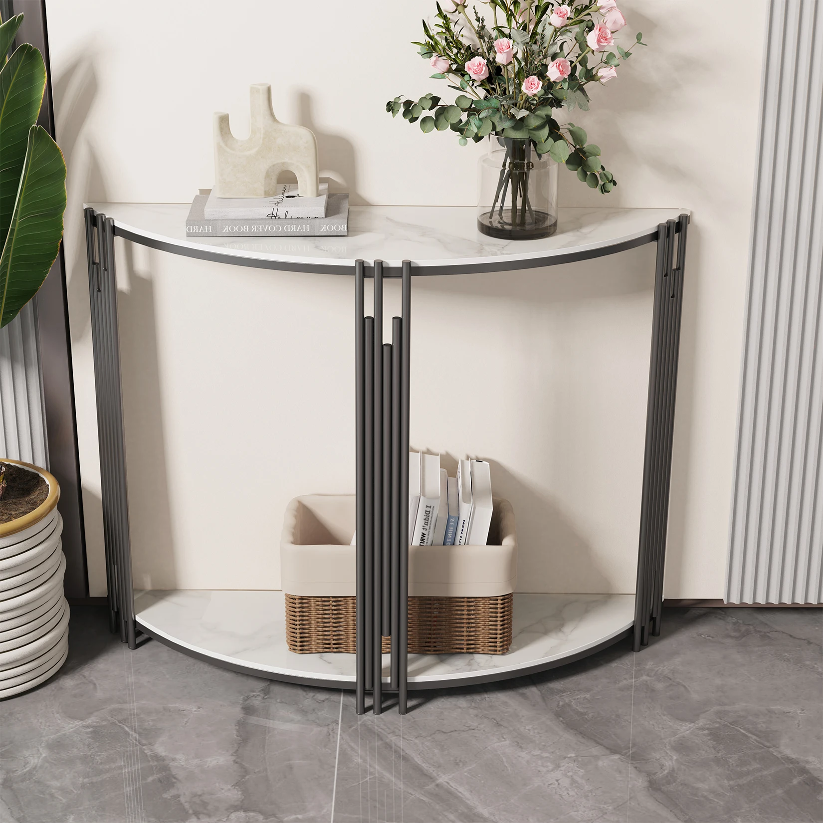 Half Moon Tiered Real Marble Entry Console Table Hallway Entryway Furniture for Entrance, Home Living Room