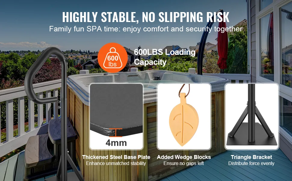 SucceBuy 360 Rotatable Hot Tub Handrail Spa Side Hand Rail Adjustable Height w/ Slide-Under Mount Base for In/Outdoor Bathtub