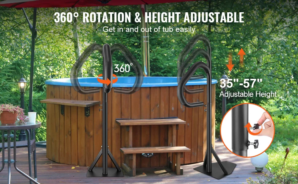 SucceBuy 360 Rotatable Hot Tub Handrail Spa Side Hand Rail Adjustable Height w/ Slide-Under Mount Base for In/Outdoor Bathtub