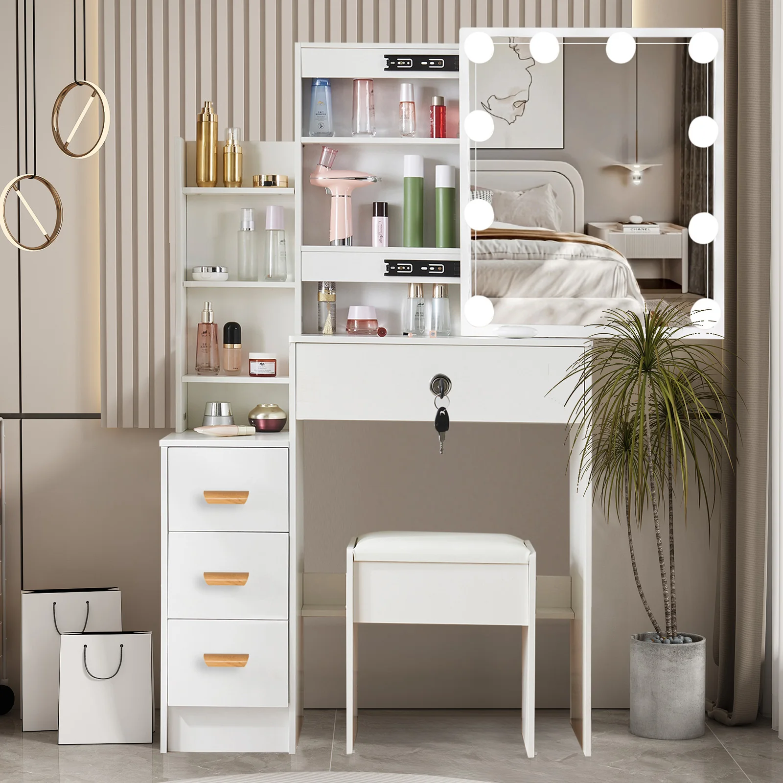 Bedroom Dressing Table LED Makeup Mirror Stool Set 10 Bulbs Vanity Desk White