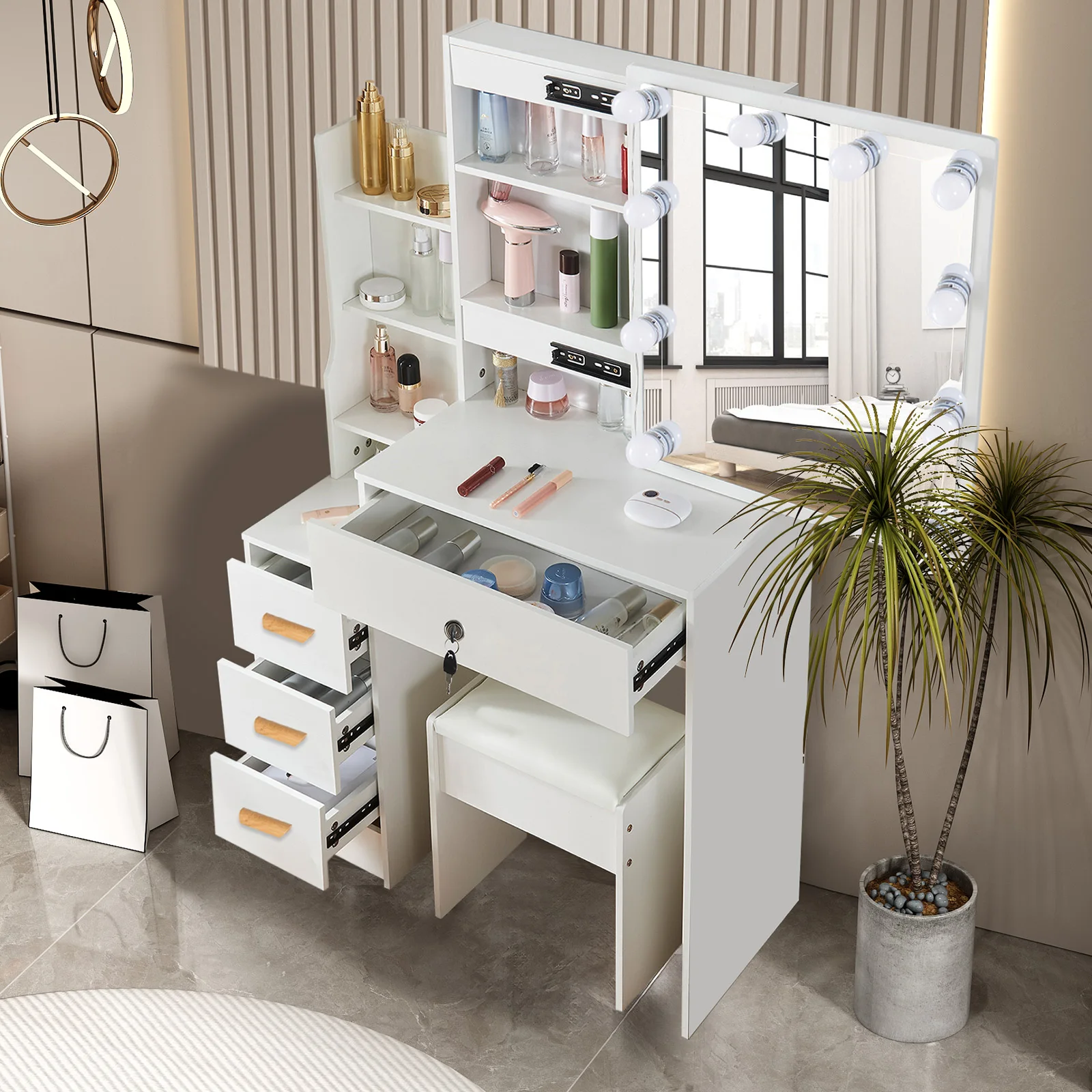 Bedroom Dressing Table LED Makeup Mirror Stool Set 10 Bulbs Vanity Desk White