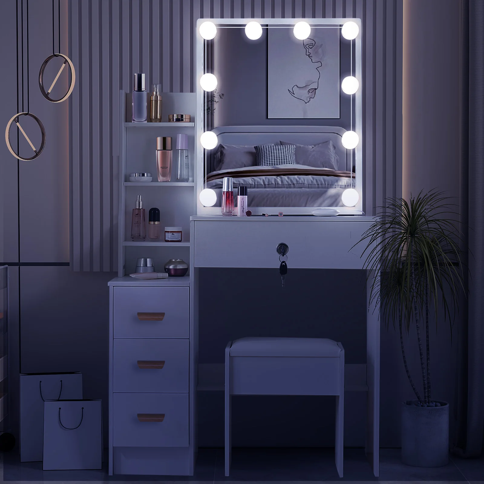 Bedroom Dressing Table LED Makeup Mirror Stool Set 10 Bulbs Vanity Desk White