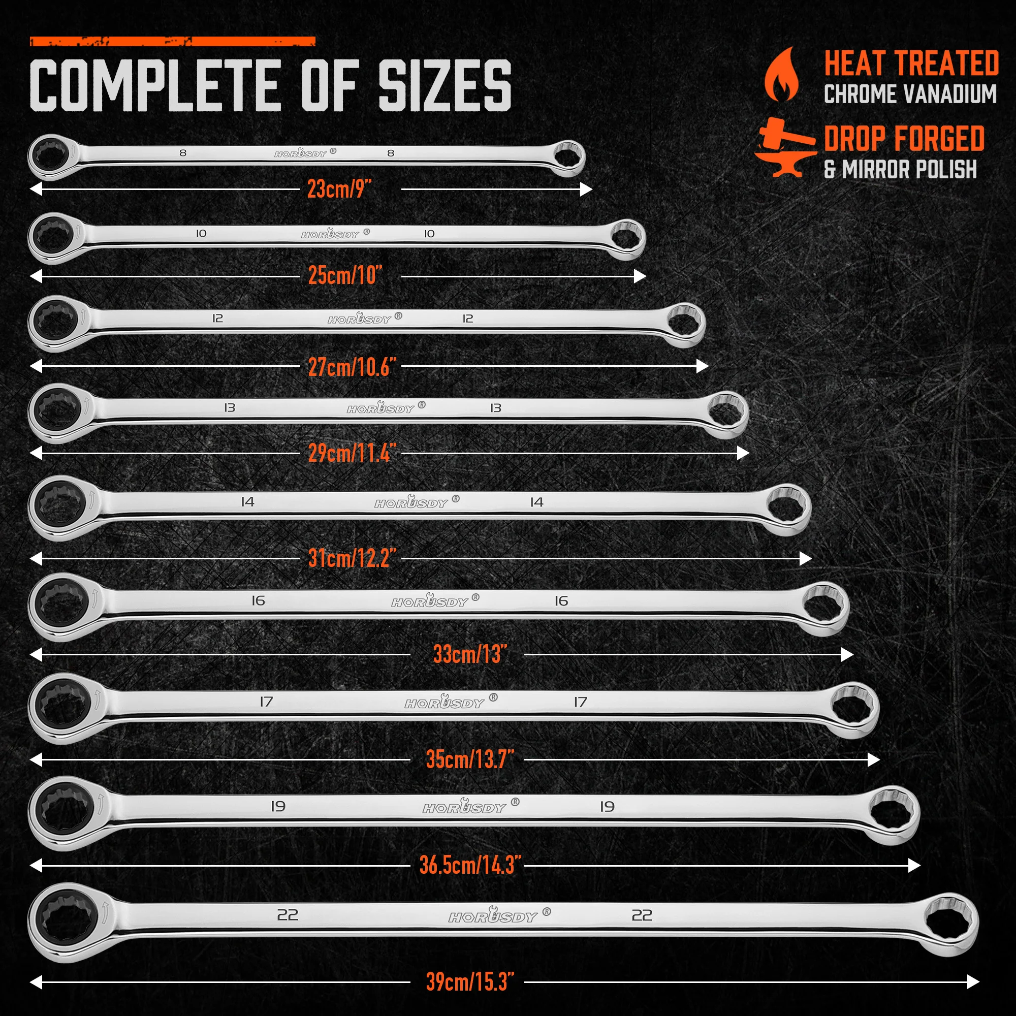 HORUSDY 9Pc Extra Long Ratchet Spanner Set Aviation Double End 8-22mm w/t Pouch