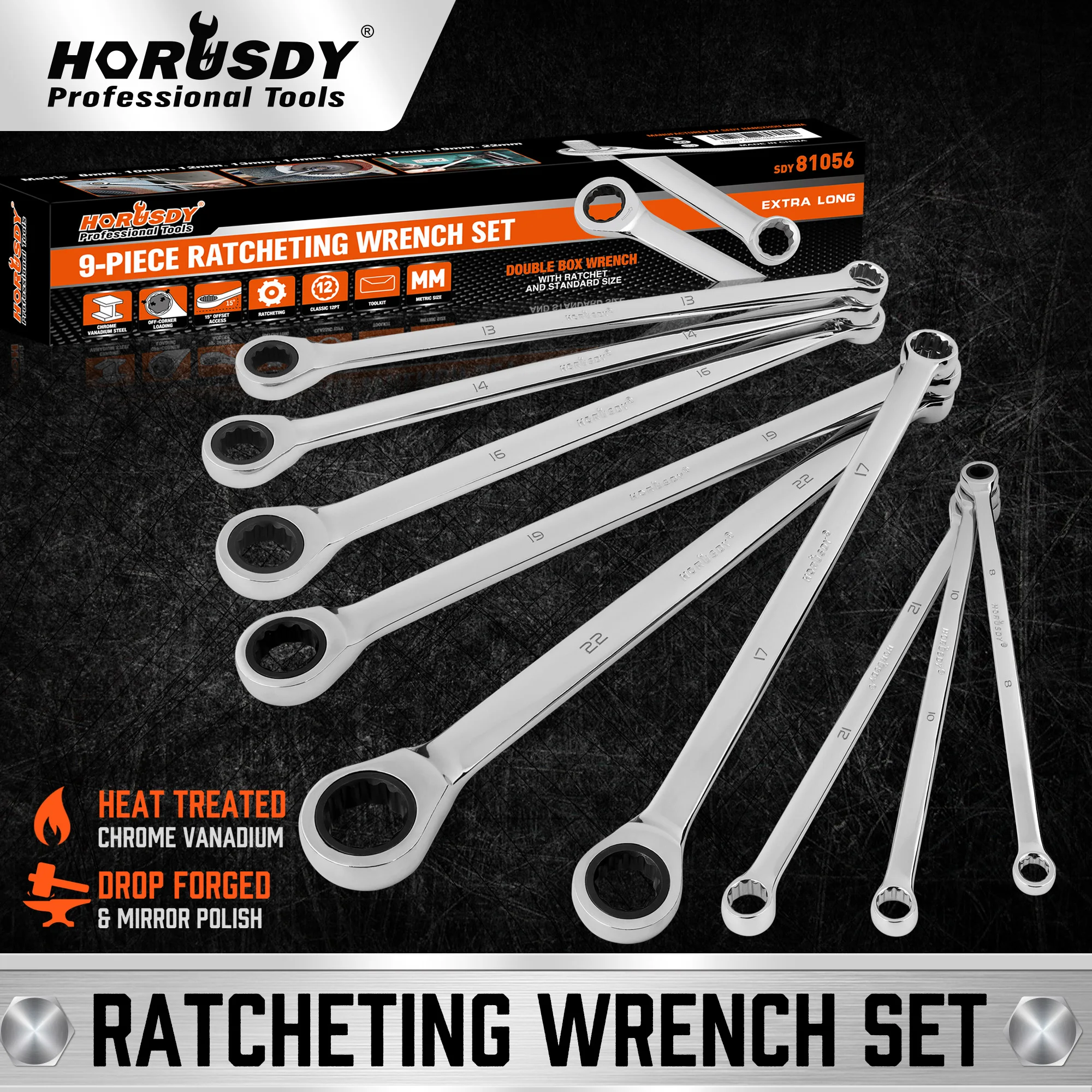 HORUSDY 9Pc Extra Long Ratchet Spanner Set Aviation Double End 8-22mm w/t Pouch