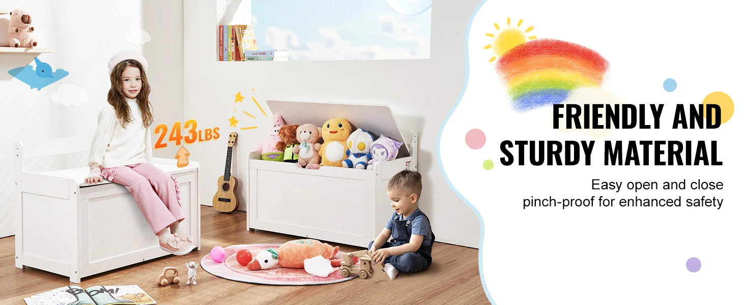 SucceBuy Wooden Toy Chest for Kids Toddler Storage Box with Flip-Top Lid and Safety Hinge for Playroom Living Room or Entry