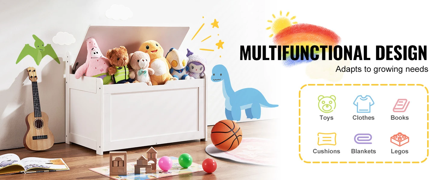 SucceBuy Wooden Toy Chest for Kids Toddler Storage Box with Flip-Top Lid and Safety Hinge for Playroom Living Room or Entry