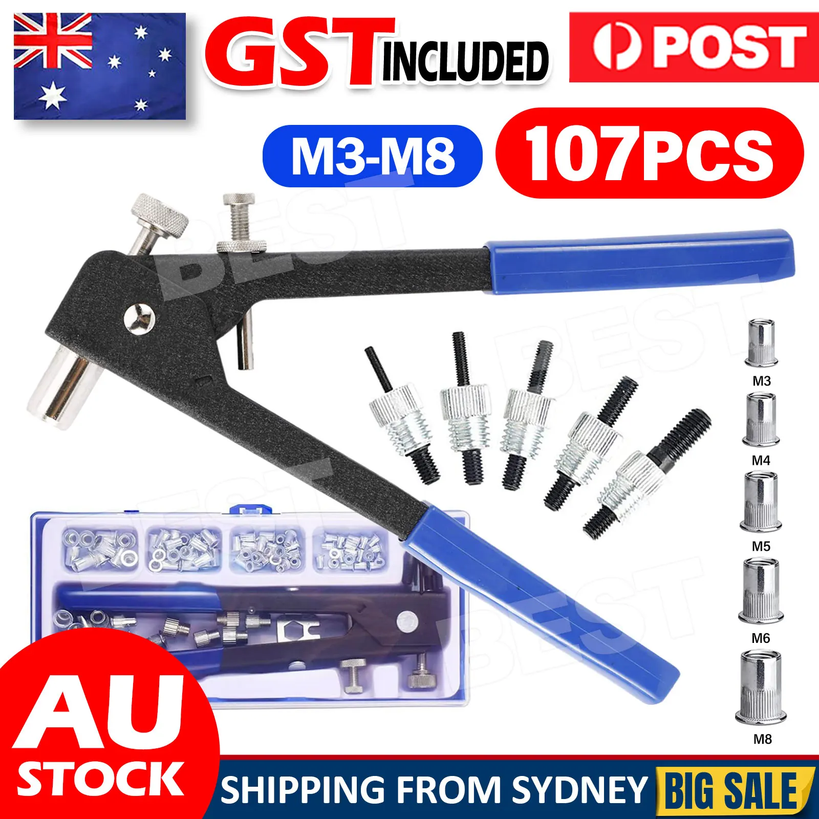 107x Riveter Nut Nutsert Tool Rivnut Gun Wrench Nuts Riveting Kit Mandrels M3-M8