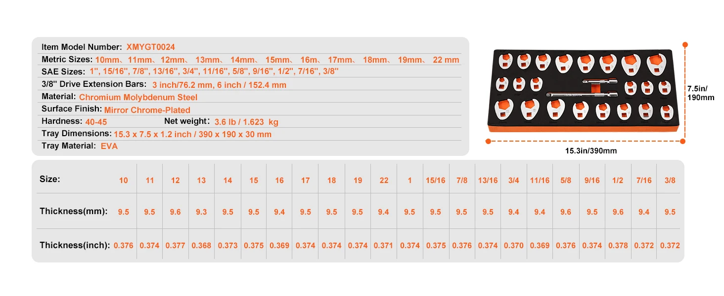 SucceBuy 14/15/20/24PCs Crowfoot Wrench Set 1/2" 3/8" Drive Crows Foot Wrench Set CR-MO Steel Crowfoot Wrench Set