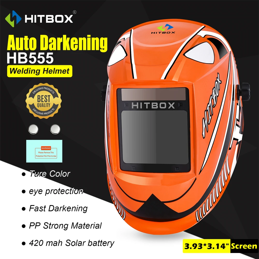 HITBOX Auto Darkening Welding Helmet 3.93x3.14" Super Large View Screen Solar Ture Color Mask Fast Darkening for ARC MIG TIG CUT