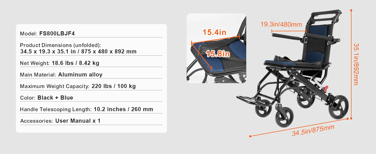 SucceBuy Wheelchair for Adults Foldable Wheelchair with Arms Self-locking Brake 15.75Inch/18Inch/24Inch Wide Seat 220/300lb Load
