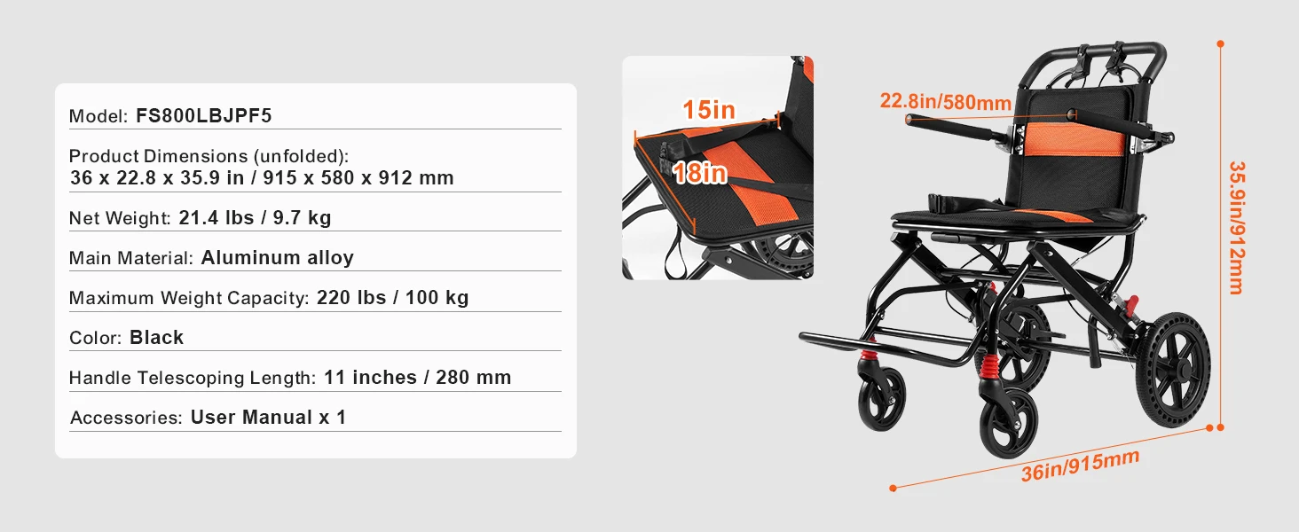 SucceBuy Wheelchair for Adults Foldable Wheelchair with Arms Self-locking Brake 15.75Inch/18Inch/24Inch Wide Seat 220/300lb Load