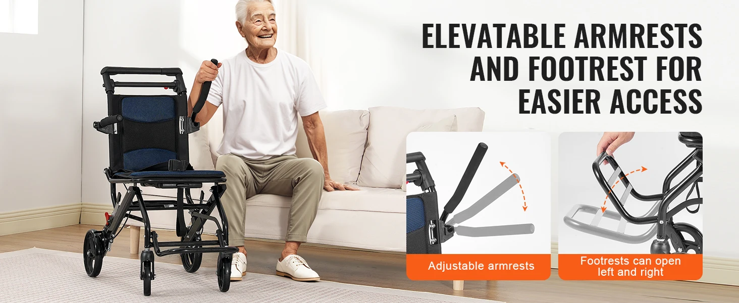 SucceBuy Wheelchair for Adults Foldable Wheelchair with Arms Self-locking Brake 15.75Inch/18Inch/24Inch Wide Seat 220/300lb Load
