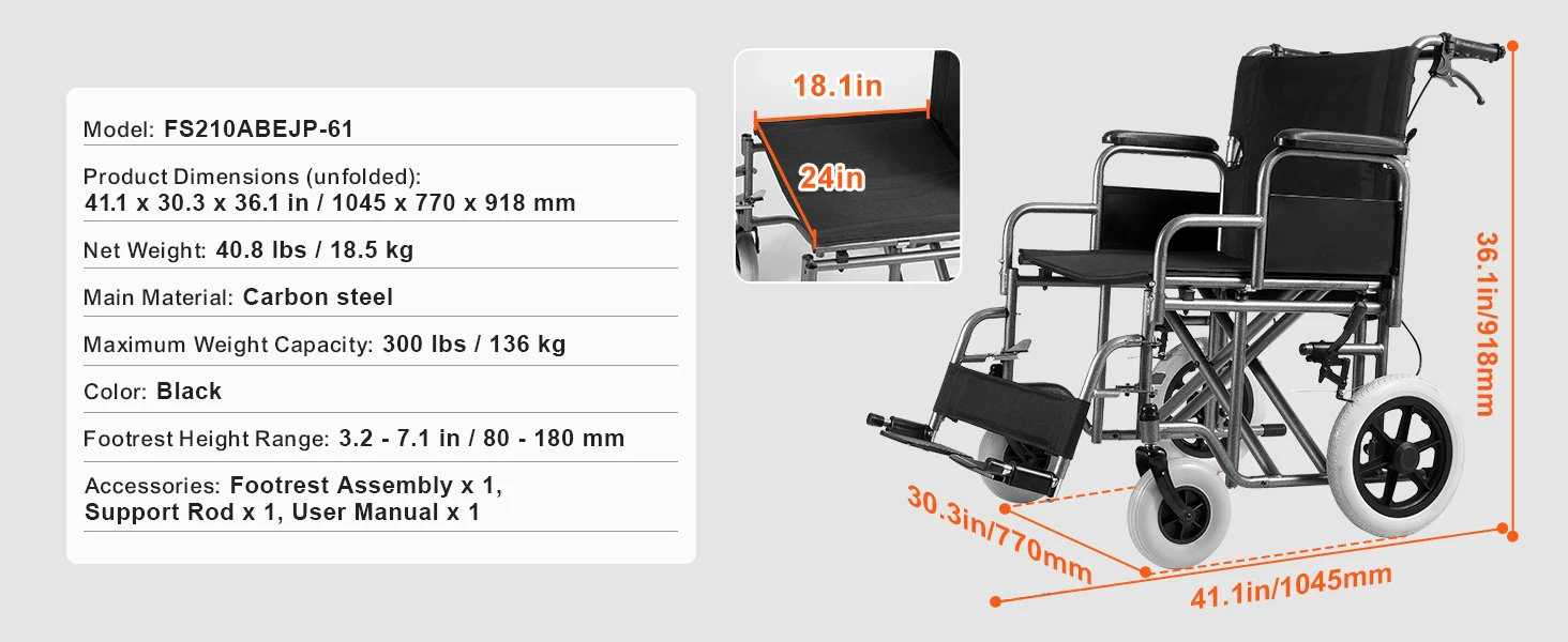 SucceBuy Wheelchair for Adults Foldable Wheelchair with Arms Self-locking Brake 15.75Inch/18Inch/24Inch Wide Seat 220/300lb Load